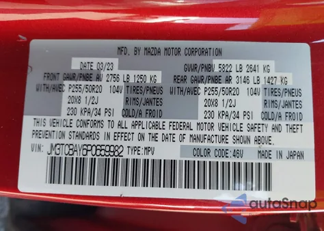 2023 Mazda Cx-9 Touring Plus from USA, damaged, VIN JM3TCBAY6P0659982